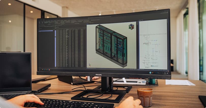 3D-model van een schakelkast op een ontwerpscherm