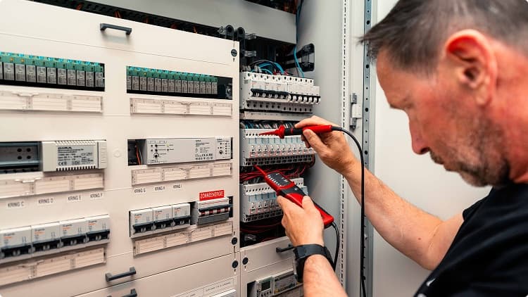 Engineer meet een elektrische schakelkast door